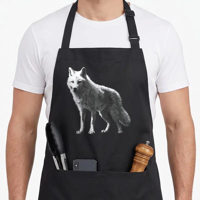 Tablier de cuisine noir avec un loup blanc en pixels et des yeux rouges, style animal art motif.