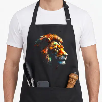 Tablier de cuisine noir avec portrait de lion stylisé en mosaïque polygonale multicolore