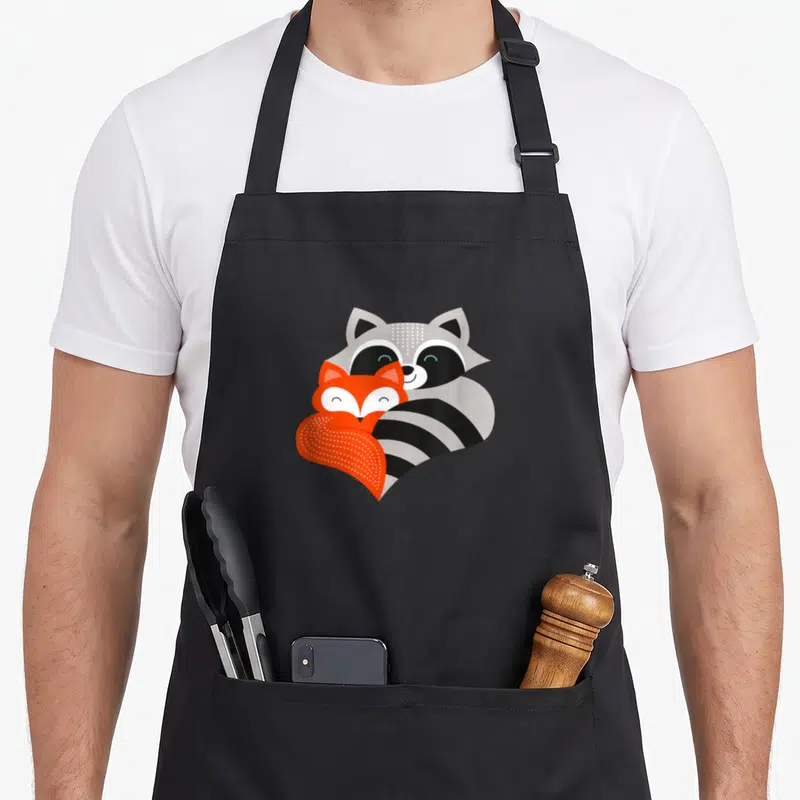 Tablier de cuisine noir avec un renard orange et un raton laveur gris s'enlacent tendrement.