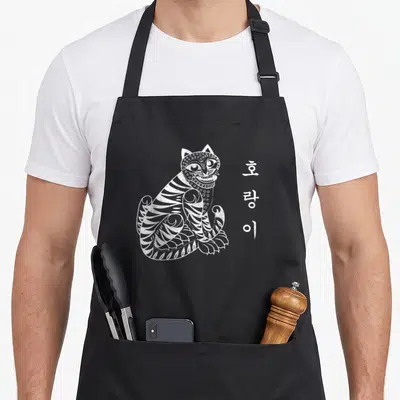 Tablier de cuisine noir avec un tigre coréen stylisé en blanc et les caractères Hangul à côté.