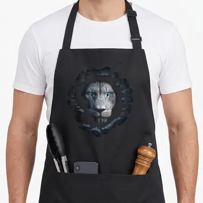 Tablier de cuisine noir orné d'un lion blanc aux yeux bleus entouré de pierres brisées.