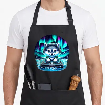 Tablier de cuisine noir avec illustration d'un chiot loup DJ casque audio sous aurore boréale.