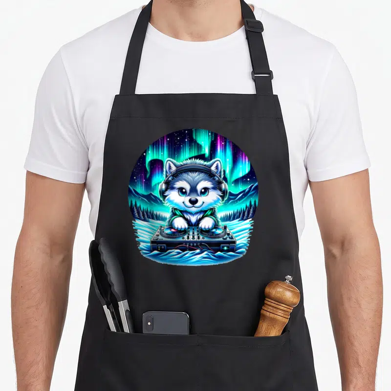 Tablier de cuisine noir avec illustration d'un chiot loup DJ casque audio sous aurore boréale.