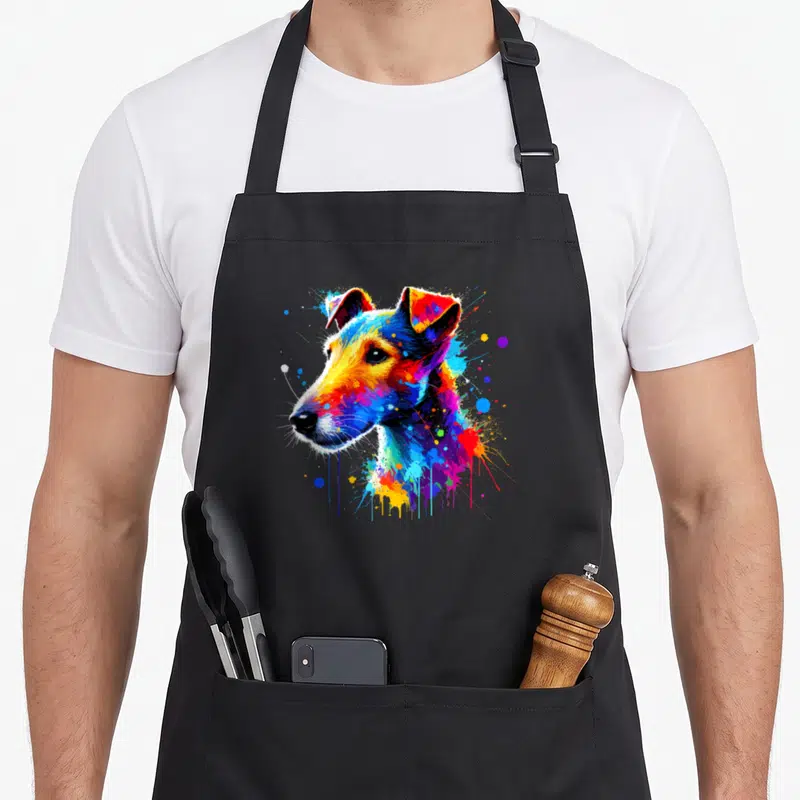 Tablier de cuisine noir avec illustration colorée d'un renard terrier au style éclaboussure de peinture.