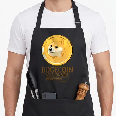 Tablier de cuisine noir avec illustration Dogecoin Millionaire et texte loading en dessous.