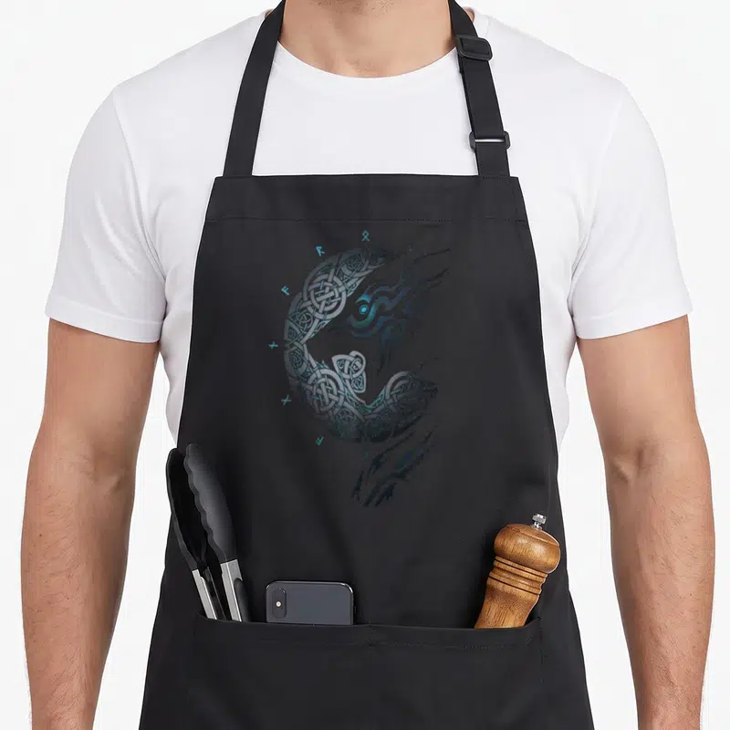 Tablier de cuisine noir avec tête de loup Fenrir en nœuds celtiques et runes bleues.