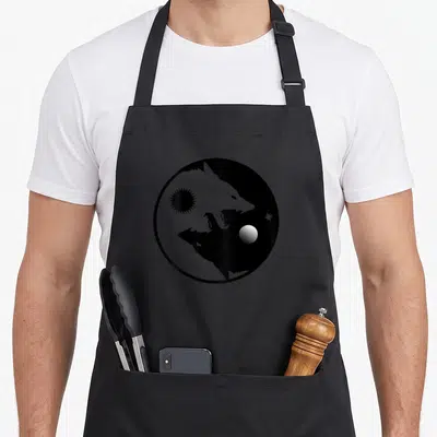 Tablier de cuisine noir avec motif circulaire Yin Yang représentant deux loups, un soleil et une lune en contraste.