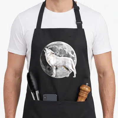 Tablier de cuisine noir avec un loup blanc en train de hurler devant une pleine lune détaillée.