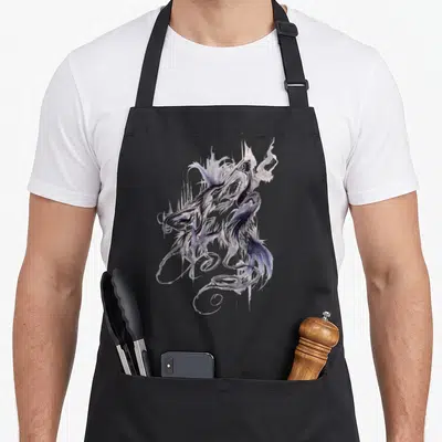Tablier de cuisine noir avec une illustration stylisée d'un loup aux teintes violettes et blanches.