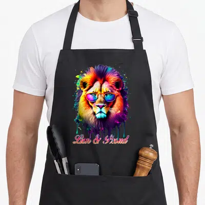 Tablier de cuisine noir avec tête de lion multicolore portant des lunettes de soleil et le texte Lion & Proud en bas.