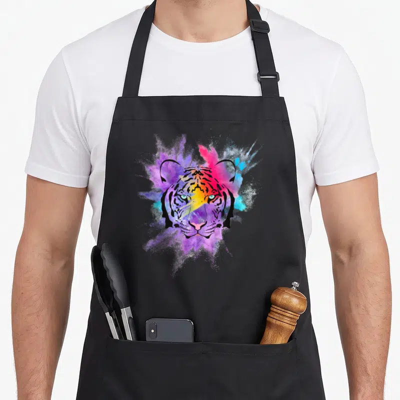 Tablier de cuisine noir avec tête de tigre multicolore et éclats de poudre violette rose et bleue