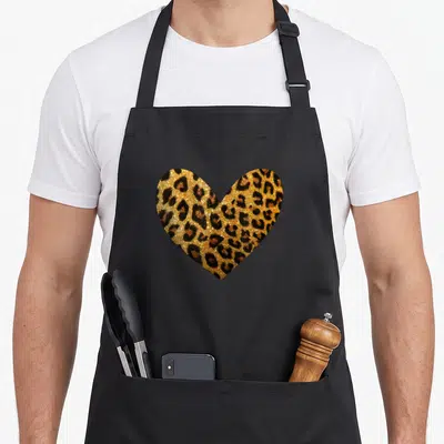 Tablier de cuisine noir avec un grand cœur rempli d'un motif léopard doré et pailleté au centre.
