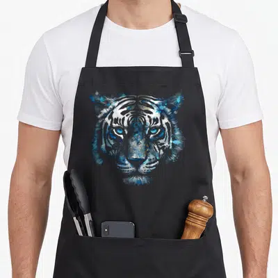 Tablier de cuisine noir avec une illustration artistique d'un tige aux yeux bleus et traits blancs et gris.
