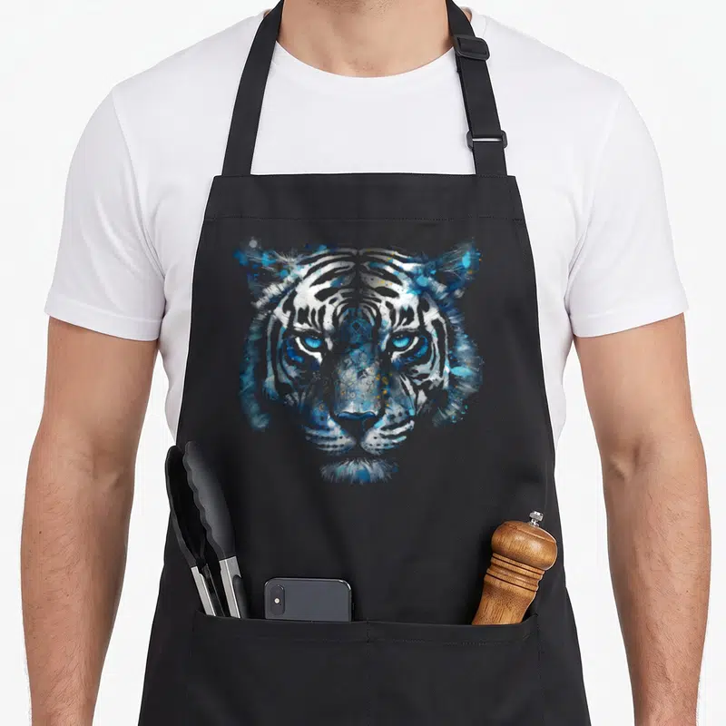 Tablier de cuisine noir avec une illustration artistique d'un tige aux yeux bleus et traits blancs et gris.