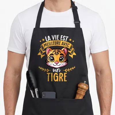 Tablier de cuisine noir avec tête de tigre mignon et texte La vie est meilleure avec un tigre