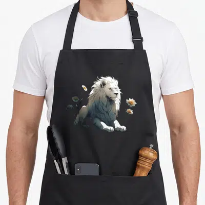 Tablier de cuisine noir avec illustration d'un lion blanc reposant parmi des fleurs blanches et bleues.