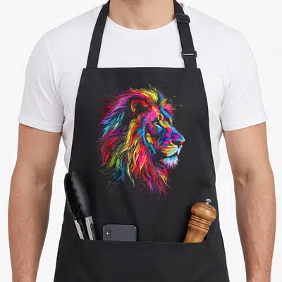 Tablier de cuisine noir avec illustration d'un lion en art abstrait coloré aux traits graphiques et multicolores.