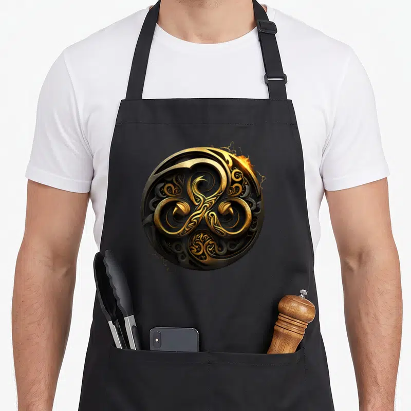 Tablier de cuisine noir avec un grand triskelion doré et des motifs celtiques complexes dans un cercle sombre.
