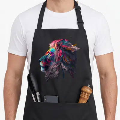 Tablier de cuisine noir avec tête de lion aux couleurs vives et mane stylisé en art abstrait.