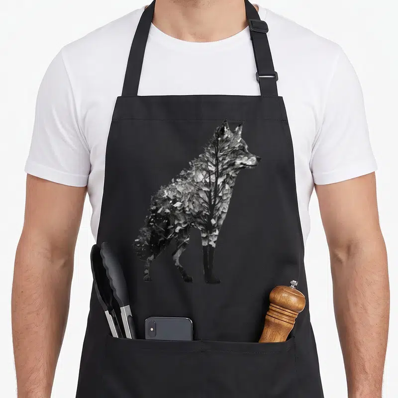 Tablier de cuisine noir avec une illustration stylisée d'un loup composé d'arbres et de feuillage en nuances de gris.