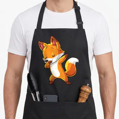 Tablier de cuisine noir avec un renard orange effectuant une pose de danse dabing stylisée.