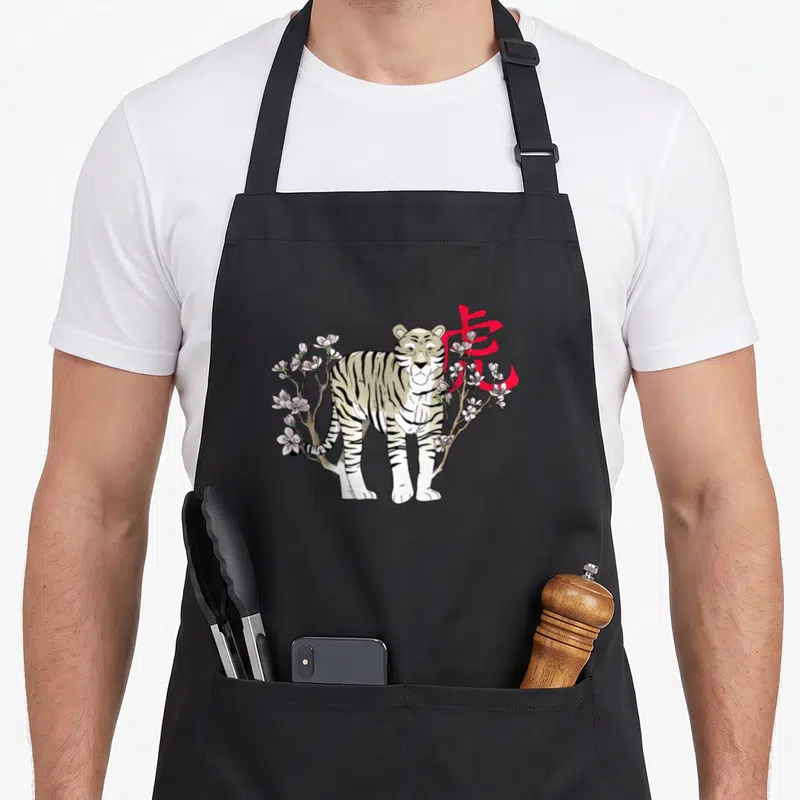 Tablier de cuisine noir avec illustration d'un tigre 2022, branches de fleurs roses et symbole rouge stylisé.