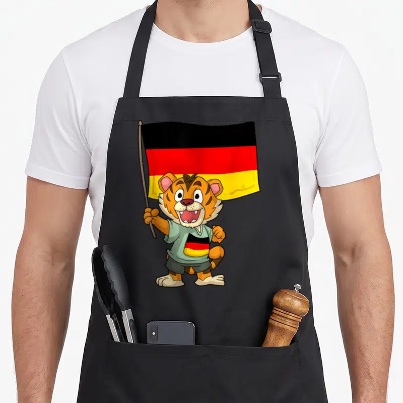 Tablier de cuisine noir avec un tigre cartoon tenant le drapeau allemand et portant un vêtement aux couleurs du pays.