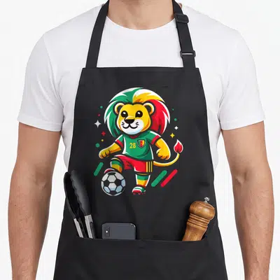 Tablier de cuisine noir avec un lion cartoon aux couleurs du Cameroun jouant au football.