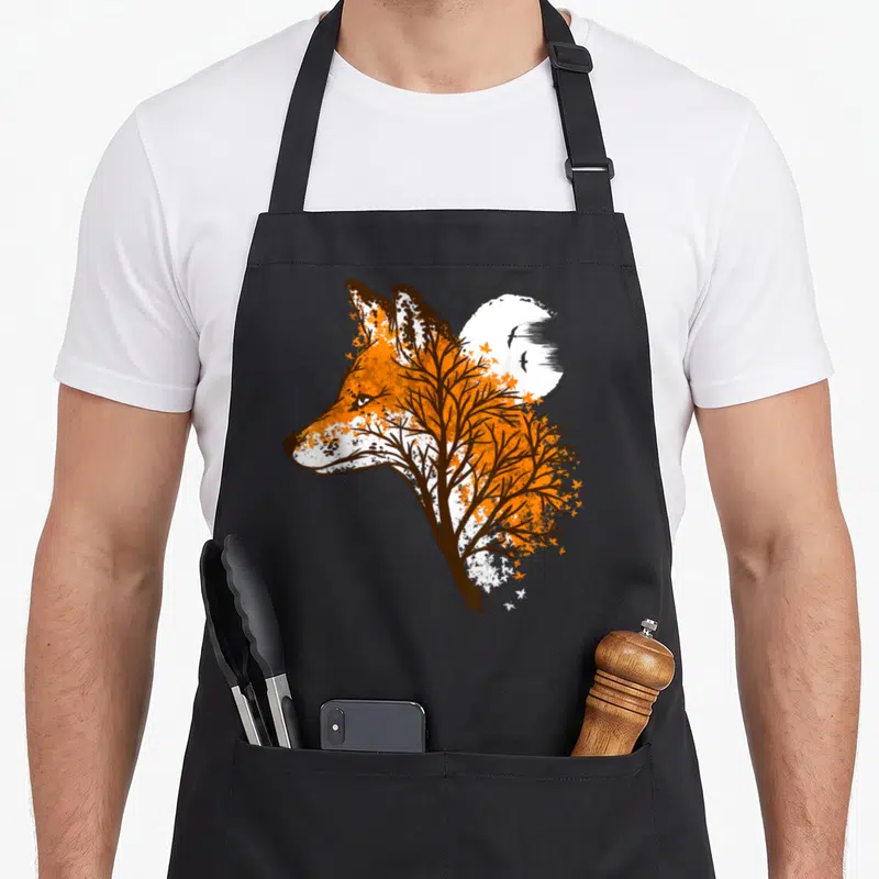 Tablier de cuisine noir avec un renard stylisé en orange et blanc, intégré à un arbre aux branches sombres devant une lune pleine.