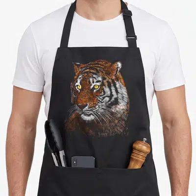 Tablier de cuisine noir avec illustration détaillée d'un tige aux yeux jaunes et poils orange tracés au trait fin.