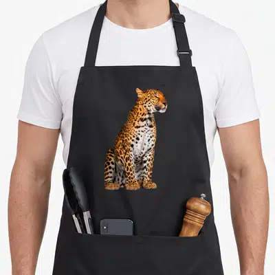 Tablier de cuisine noir avec un tigre sauvage assis de profil aux taches noires sur fond orange et blanc.