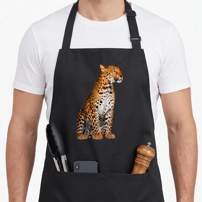 Tablier de cuisine noir avec un tigre sauvage assis de profil aux taches noires sur fond orange et blanc.