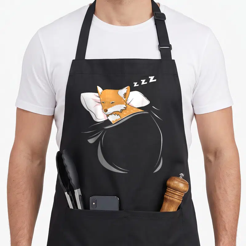 Tablier de cuisine noir avec illustration d'un renard dormant sur un oreiller sous une couverte grise.