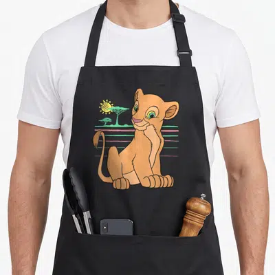 Tablier de cuisine noir avec Young Nala 90s assis devant des acacias et un soleil stylisé.