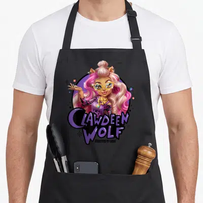 Tablier de cuisine noir avec illustration colorée de Clawdeen Wolf et texte violet Monster High
