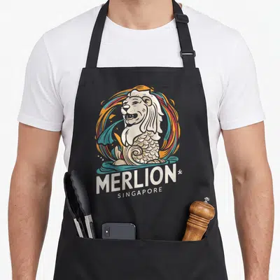 Tablier de cuisine noir avec illustration colorée du Merlion et le texte MERLION SINGAPORE imprimé en blanc.