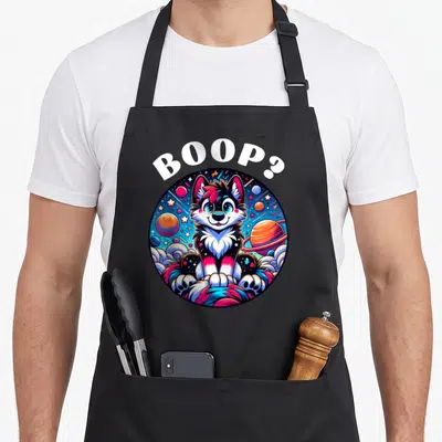 Tablier de cuisine noir avec illustration circulaire d'un loup furry aux couleurs vives dans un univers spatial stylisé.