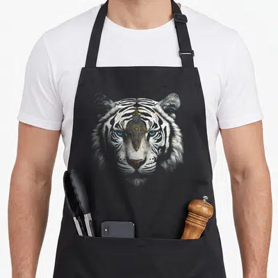 Tablier de cuisine noir avec tête de tigre blanc aux yeux bleus et motifs dorés complexes sur le front.