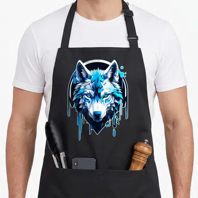 Tablier de cuisine noir avec tête de loup géométrique aux tons bleus et blancs et effets de coulure.