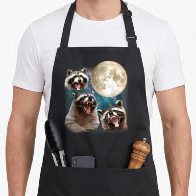 Tablier de cuisine noir avec trois têtes de ratons laveurs hurlant sous une pleine lune détaillée.