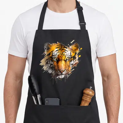 Tablier de cuisine noir avec tête de tigre aux couleurs vives et style artisticque expressif.