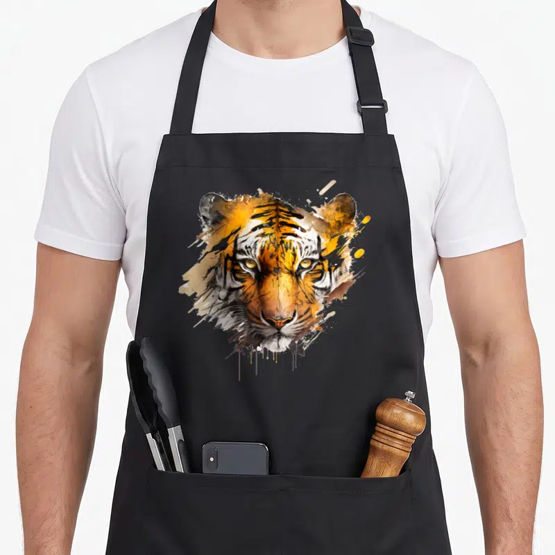 Tablier de cuisine noir avec tête de tigre aux couleurs vives et style artisticque expressif.