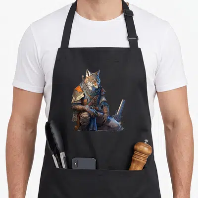 Tablier de cuisine noir avec illustration d'un loup chasseur agenouillé en tenue de fantaisie et tenant une arme à feu.