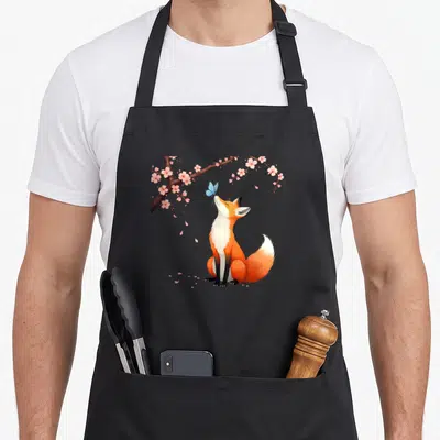 Tablier de cuisine noir avec renard orange et papillon bleu sous des branches de sakura roses.
