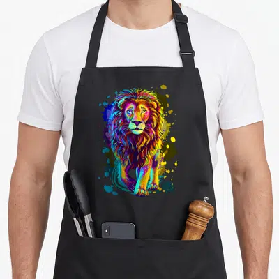 Tablier de cuisine noir avec illustration d'un lion aux couleurs vives et à la crinière multicolore.