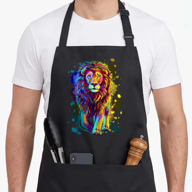Tablier de cuisine noir avec illustration d'un lion aux couleurs vives et à la crinière multicolore.