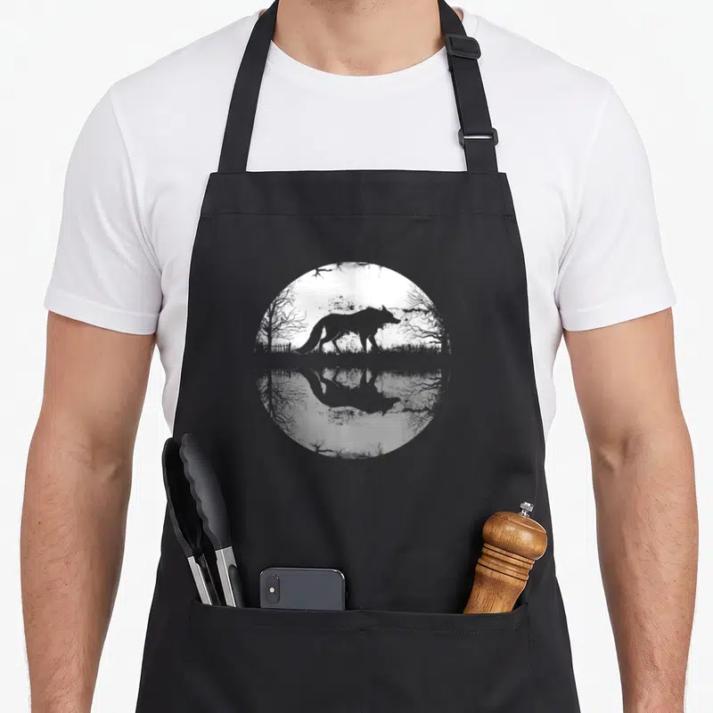 Tablier de cuisine noir avec illustration circulaire montrant un renard et son reflet dans l'eau au milieu d'arbres nus.