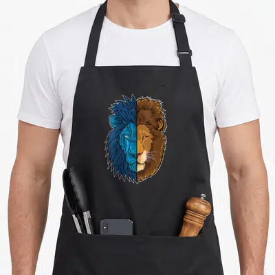 Tablier de cuisine noir avec tête de lion divisée en géométrie bleue et fourrure naturelle brown