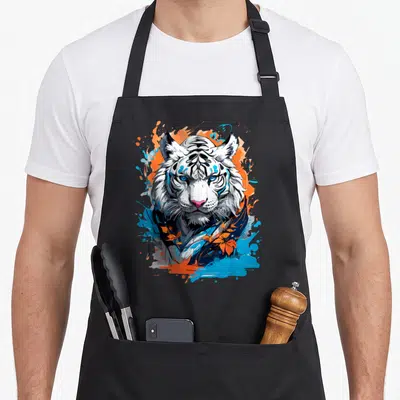 Tablier de cuisine noir avec tête de tigre blanc aux yeux bleus et éclats orange et bleu.