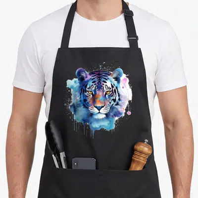 Tablier de cuisine noir avec une tête de tigre stylisée aux couleurs bleu et violet en aquarelle.